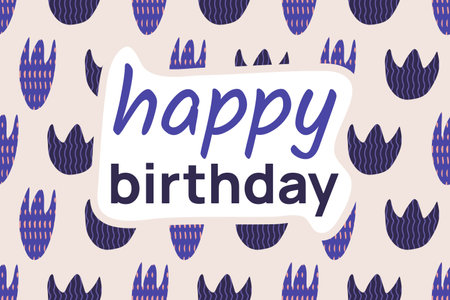 Birthday card with doodle flowers and text. Childishly drawn buds in seamless pattern. Tulip. Greeting card. Horizontal banner of congratulations for holiday. Purple floral print. Vector illustrationのイラスト素材