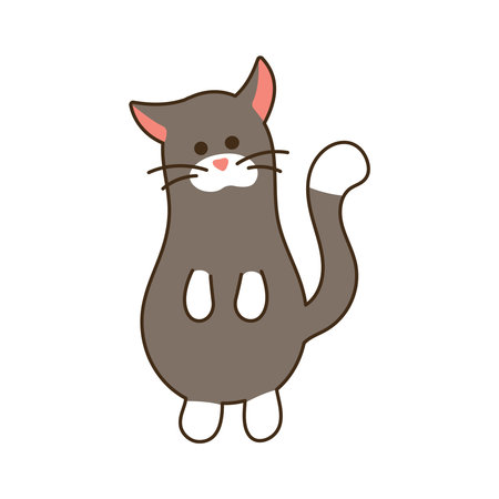 Cute black Cat stands on its hind legs isolated. Domestic kitten with white paws, tip of tail. Character with muzzle for sticker. Kawaii animal with whiskers. Doodle. Color vector illustrationのイラスト素材