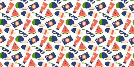 Pattern of summer items - cap, sunscreen and sunglasses. Camera, ice cream and piece of watermelon....
