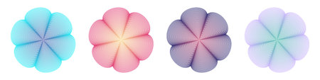 Set of smooth linear Flowers with gradient flowers. Wave. Design of abstract contour elements. Collection of symmetrical hexfoils. Daisy shape. Six-leaved leaves, petals. Isolated. Vector illustrationのイラスト素材