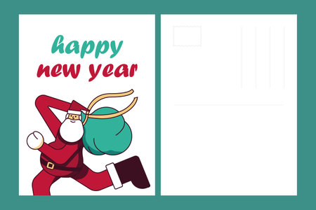Happy New Year postcard template. Running Santa Claus with a bag of gifts. Holiday greeting card. Christmas imaginary character in red suit and text. Colored vector illustrationのイラスト素材