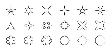 Set Contour geometric shapes - stars, flowers. Collection linear icon. Sparks and polygon. Abstract design elements. Swirl, triangle. Y2k aesthetic. Isolated label, Banges. Flash. Vector illustrationのイラスト素材