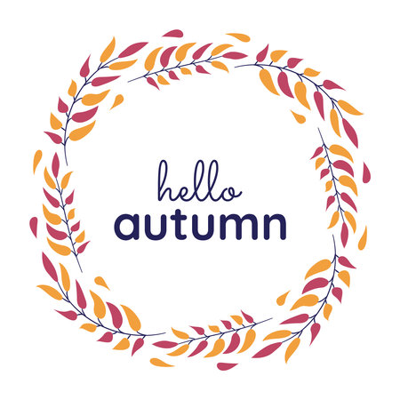 Text Hello Autumn in round frame of leaves. Wreath. Circle Border tree Branches, yellow, red foliage. Beginning of fall. Design for greeting card, announcement, banner. Isolated. Vector illustrationのイラスト素材
