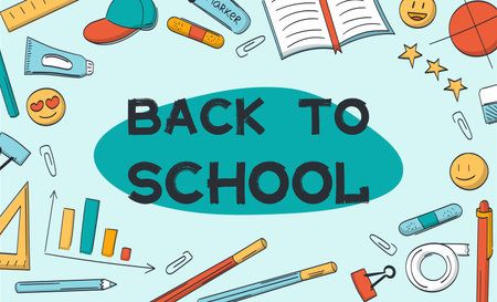 School supplies, Back to school text. Set of items. Rulers, charts and book. Stationery - pen,...