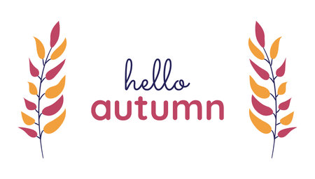Text Hello Autumn between branches with yellow, purple leaves. Tree branch with foliage. September, beginning of Fall. Horizontal design for greeting cards, announcements, banners. Vector illustrationのイラスト素材