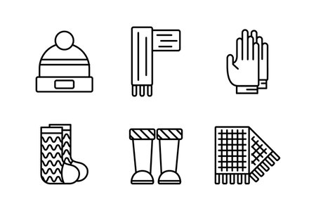 Set of contour icons of clothes and shoes. Knitted hat, scarf. Gloves and rubber boots. Patterned socks. Checkered scarf. Linear autumn wardrobe, accessories. Fall fashion, outfit. Vector illustrationのイラスト素材