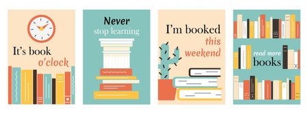 Set Banners with books, quotes. Clock, bookshelf. Architectural column, stack of textbooks, learning and education. Cactus in pot, literature, house plant. Library. Hobby reading. Vector illustrationのイラスト素材