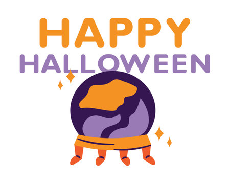 Magic ball Happy Halloween. Card for spooky holiday. Predict future, fortune telling. Stars, sparks, shine. Witch attributes. Banner for scary autumn event. Color image Cartoon. Vector illustrationのイラスト素材