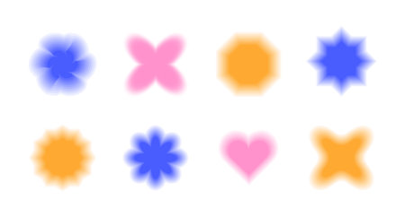 Abstract blur elements set. Modern trend y2k. Collection of unfocused geometric shapes. Isolated badges of flower, heart. Dynamic visual effect. Bright colors - blue, pink, yellow. Vector illustrationのイラスト素材