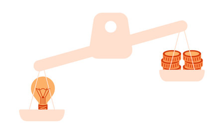 Scales, coins and electric lamp. Concept of rising electricity prices. Weigh Lighting and Finance. Idea is more important than money. Light bulb, stack gold coins. Golden thought. Vector illustrationのイラスト素材
