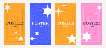 Set Posters y2k aesthetics. Collection of Banner templates with glitter, Sparkles. Stars, curved contour frames, bright colors. Elements of astrology, lines. Modern Abstraction. Vector illustrationのイラスト素材