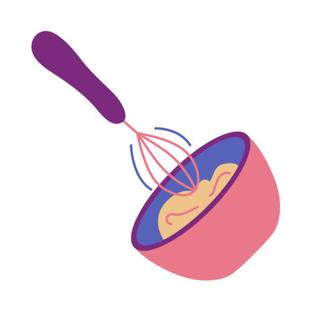Mix Dough with Whisk in deep bowl. Prepare dish for bakery, confectionery. Kitchen utensils for whipping. Cooking. Culinary device. Isolated on white background. Flat style. Color Vector illustration.のイラスト素材