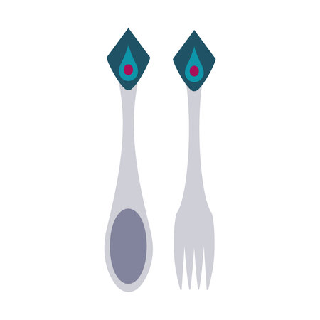 Vintage Spoon, Fork with decoration on the end of handle. Silver cutlery with red gemstone. Cutlery....