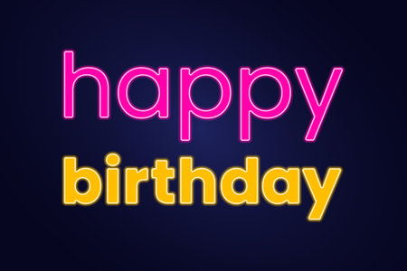 Happy Birthday text Neon Sign on dark background. Illuminated annual holiday Congratulation. Party banner. Glowing phrase for Greeting card. Anniversary. Night. Pink, yellow. Vector illustration.のイラスト素材