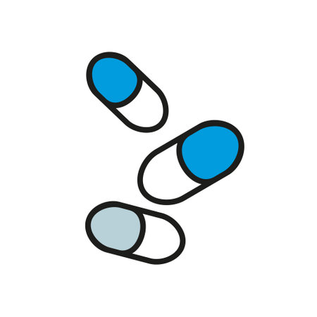 Falling Pills, tablets. Dosage Medicine, Drug. Treatment, therapy. Vitamins or antibiotics. Contraceptive. Product Pharmaceuticals. Isolated icon. Flat style with outline. Colored Vector illustrationのイラスト素材