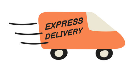Express Delivery Van. Children drawing. Isolated on white background working Fast Transport. Cargo transportation by car. Orange Truck. Doodle, scribble. Side view. Toy for kids. Vector illustration.のイラスト素材