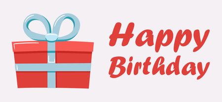 Greeting Card with Gift, text Happy Birthday on white background. Cartoon banner. Red box tied with blue ribbon, bow. Congratulatory surprise holiday, cute present. Color image. Vector illustrationのイラスト素材