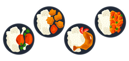 Set of Dishes with Rice - fried chicken leg, nuggets, stew. Collection of food top view on dark plate. Curry with gravy. Poultry meat. For recipes, cooking, kitchen. Flat design. Vector illustration.のイラスト素材
