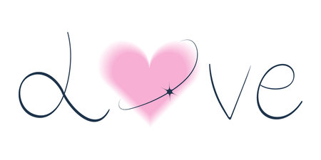 Lettering Love, Blurred Heart shape, Star y2k. Handwritten text with Defocused pink Like symbol on white background. Banner, poster. Isolated word for Valentines day. Calligraphy. Vector illustrationのイラスト素材