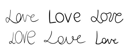 Collection of writing Word Love in different Handwritten and Calligraphic styles. Set of Lettering for romantic designs, wedding invitations, cards. Various Typography. Thin Text. Vector illustrationのイラスト素材