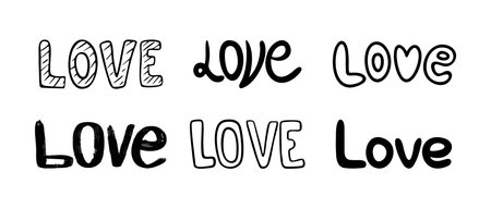 Set of writing Word LOVE in different Bold Handwritten styles. Lettering for design, posters, cards. Artistic, decorative and expressive Text. Romantic typography. Calligraphy. Vector illustrationのイラスト素材