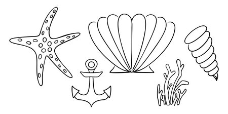 Outline Set of Sea elements - Starfish, Shells, anchor and corals. Mooring, Conch doodle. Collection of ocean Contour pieces for coastal and beach decor. Fan shell Coloring page. Vector illustrationのイラスト素材