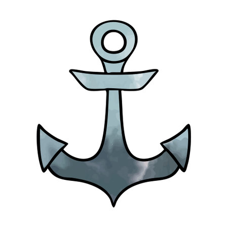 Anchor with Watercolor metallic Texture in black outline. Hook for nautical designs, logos, summer graphics and coastal decoration. Isolated Mooring. Grapnel. Flat style. Color vector illustrationのイラスト素材