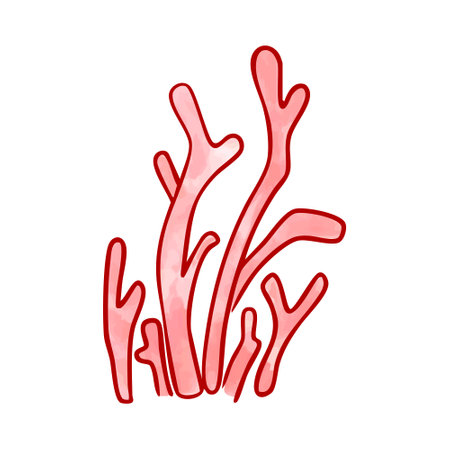 Red Corals with Watercolor texture, outline. Isolated ocean element in Doodle style. Underwater plant, Reef. Marine clipart for summer and coastal designs. Hand drawn color image. Vector illustrationのイラスト素材