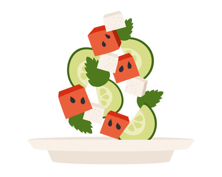 Salad with Watermelon cubes, Mint, Cucumber and Feta cheese. Vegetables, leaves fall into plate. Cooking summer Dish. Ingredients of healthy food. Flat design. Isolated. Color vector illustration.のイラスト素材