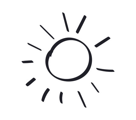 Sun Doodle isolated for kids design. Black ink shape with Rays. Hand drawn marker outline symbol of Sunny weather. Black and white sketch Luminary. Simple children comic style. Vector illustrationのイラスト素材
