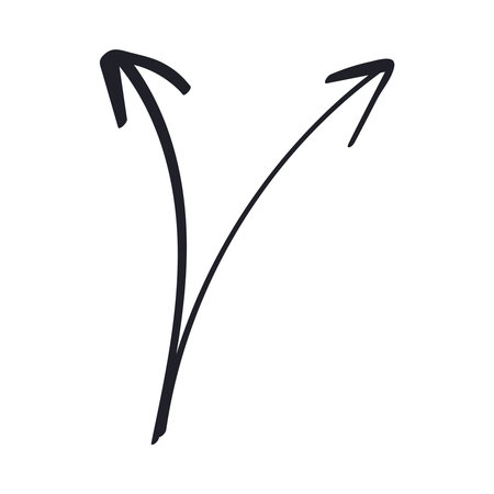 Double Arrow Doodle. Hand drawn outline Lines with left and right arrowheads. Directions, pointer. Diverging Curves written in black ink, marker. Simple Scribble elements, sketch. Vector illustrationのイラスト素材
