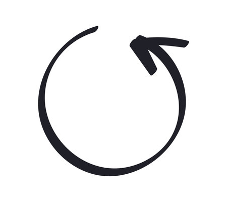 Hand drawn sign of Rotation, Turn. Outline round Arrow. Doodle symbol Cycle, Loading. Isolated outline icon of Update written with black ink, marker. Linear simple sketch. Vector illustration.のイラスト素材