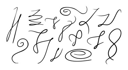 Elegant Set thin Swirls, calligraphic Curves and decorative strokes for design elements and vintage text. Collection of ink Curls for cursive lettering. Isolated spirals, loops. Vector illustration.のイラスト素材