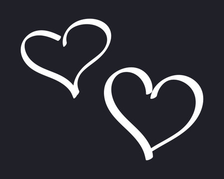 Doodle Chalked two Hearts on black background. Children outline element Love. Hand drawn Romance. Linear passion, feeling. Tenderness, care. Isolated drawing on chalkboard. Comic vector illustrationのイラスト素材