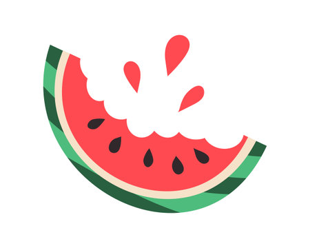 Bitten Piece of Watermelon with Drops of juice. Half of fresh summer Fruit with seeds and striped rind. Trace of bites. Healthy Eating, vitamins. Isolated. Flat simple design. Vector illustrationのイラスト素材