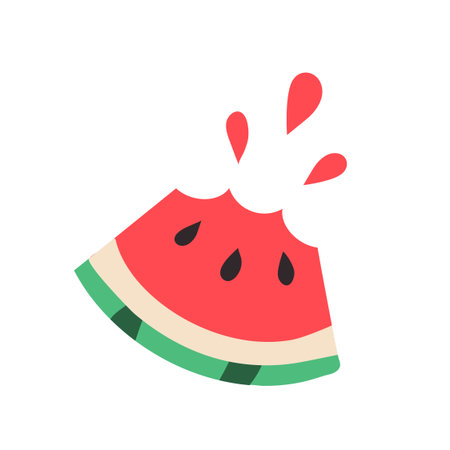 Bitten Triangle Piece of Watermelon with drops of juice. Trace of Bites. Slice of fresh summer Fruit. Pulp, striped rind. Healthy eating, vitamins. Isolated. Flat simple design. Vector illustrationのイラスト素材