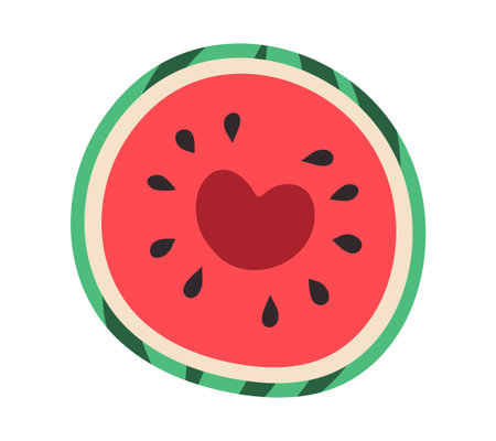 Cut Half of Watermelon with Heart in middle. Piece of fresh summer striped Fruit with seeds, juicy Pulp. Healthy eating with Love, vitamins. Isolated. Flat simple design. Doodle. Vector illustrationのイラスト素材