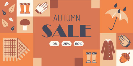 Banner Autumn Sale with elements of Clothes and Nature. Discounts on gloves, rubber boots, wool coat and scarf. Square Mosaic on background with falling leaves, mushroom and rain. Vector illustrationのイラスト素材