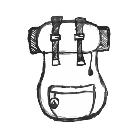 Hiking Backpack with sleeping Pad, straps, front pocket. Rough hand Drawn ink. Expedition pack for camp. Black-white sketch Doodle. Design for Hiking, survival, travel. Isolated. Vector illustrationのイラスト素材