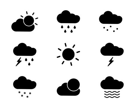 Set full black Weather Icons - sun, rain, snow. Cloud and precipitation. Lightning, fog and moon. Hail. Collection, Kit of symbols for Forecast interface, application. Rainfall. Vector illustrationのイラスト素材