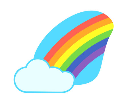 Cloud, Rainbow in curve shape. Celestial arc, light spectrum, band of colors. Multicolored Arch on Sky. Cumulus. Image for forecast app, climate infographic. Isolated. Flat style. Vector illustrationのイラスト素材