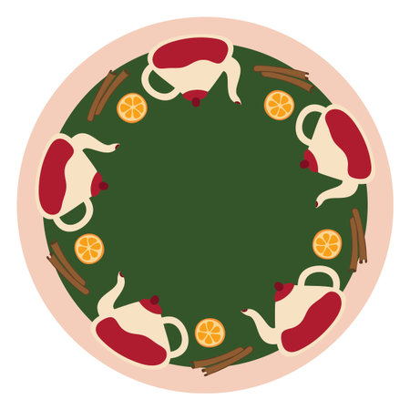 Teapot, Cinnamon sticks, Orange. Kitchen Wreath on green background. Tea party, Citrus slice and spices. Glass kettle, tea utensils. Cozy home round frame, ornament. Flat design. Vector illustrationのイラスト素材