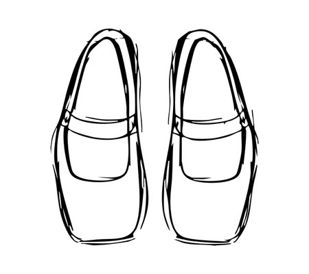 Sketch pair of Loafers. Outline Shoes, top view. Black and white hand-drawn Ballet flats. Square toe. Women fashion, girly casual footwear. Isolated line drawing. Simple Contour. Vector illustrationのイラスト素材