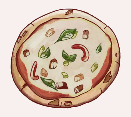 Hand-drawn Pizza with sliced ingredients, basil leaves. Textured watercolor Paint. Peppers, zucchini, meat. Italian cuisine in restaurant. Isolated food. Cheese, ketchup. Vector color illustrationのイラスト素材