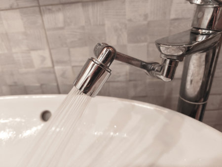 Close-up Faucet with water-saving rotating Spray Nozzle. Aerator. Water flows Eco-friendly and environmentally friendly. Modern bathroom Tap near sink. Adapter to reduce water loss. Horizontal photo.の写真素材