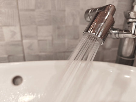 Close-up Faucet with water-saving rotating Spray Nozzle. Macro photo. Aerator. Water flows Eco-friendly and environmentally. Modern bathroom Tap near sink. Adapter to reduce water loss. Photographyの写真素材