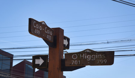 A wooden signpost adorns a street in the tourist village of Pucon in Chileの写真素材