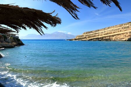 Matala beach with turquoise water, Crete in Greeceの写真素材