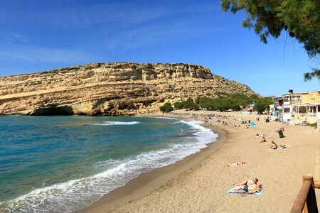 Matala beach with turquoise water, Crete in Greeceの写真素材