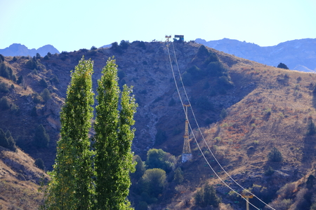 October 1 2019 - Chimgan Zone, Uzbekistan: The Chair Lift to the mountain ranges of the Tian Shanのeditorial素材